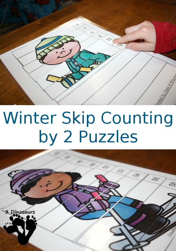 FREE Hands-On Winter Skip Counting by 2 Puzzles - 5 puzzles from numbers from 2 to 100 for the puzzles - 3Dinosaurs.com