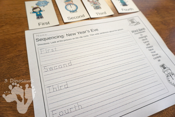 Sequencing: New Year's Eve -  with clip cards, task cards, no-prep worksheets and easy reader books $ - 3Dinosaurs.com #printablesforkids #sequencingforkids #winterprintables #tpt #teacherspayteachers