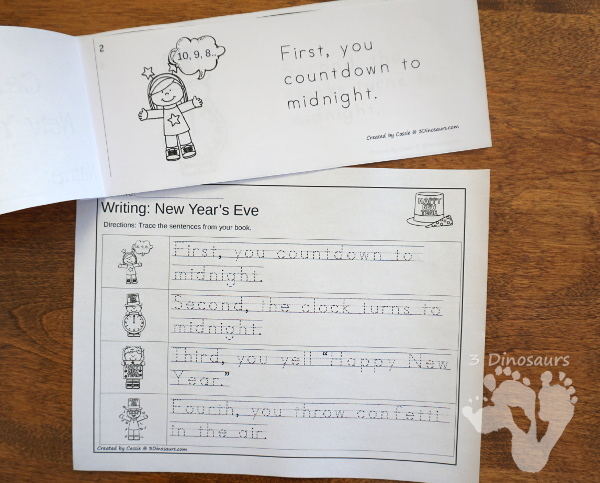 Sequencing: New Year's Eve -  with clip cards, task cards, no-prep worksheets and easy reader books $ - 3Dinosaurs.com #printablesforkids #sequencingforkids #winterprintables #tpt #teacherspayteachers