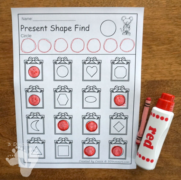 Christmas themed shape find with 12 shapes and shape words 24 pages total - 3Dinosaurs.com