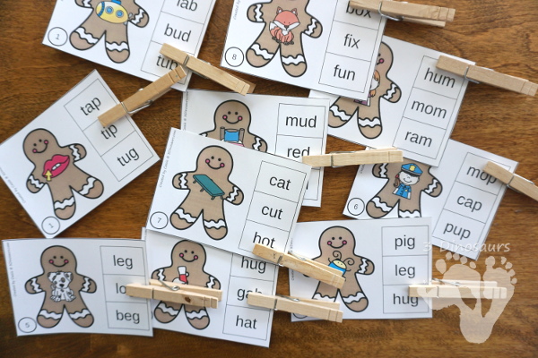 Free Fun Hands-On Gingerbread Rhyming CVC Clip Cards - 31 CVC word family words clip cards and recording sheet - 3Dinosaurs.com