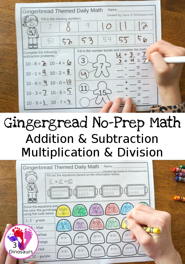 No-Prep Gingerbread Math Printables For Addition & Subtraction or Multiplication & Division - 30 pages in each set with review sheets at the end - 3Dinosaurs.com