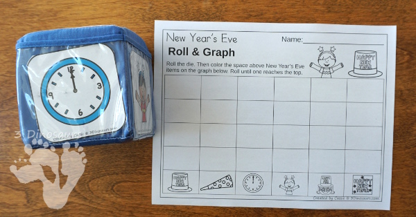 Free New Year's Roll & Graph - works on graphing or numbers 1 to 30 with a fun New Year's Eve theme - 3Dinosaurs.com