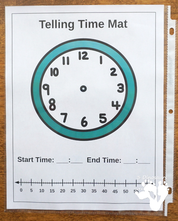 Free Easy To Use Math Help: Telling Time Mats - 2 mats to help with clocks and time number lines for helping with math questions about amount of time - 3Dinosaurs.com