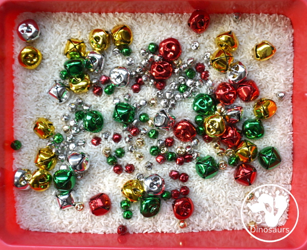 Jingle Bell Sensory Bin - a fun way to do activities with bells and sensory play at the same time. Easy to set up and use for Christmas time. - 3Dinosaurs.com