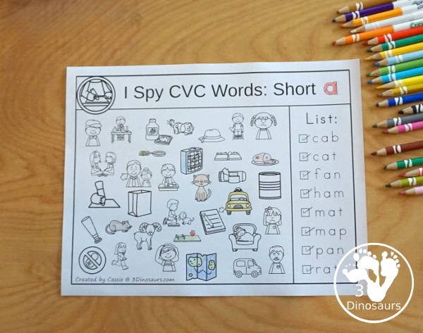 Free I Spy CVC Short Vowel Words Worksheet - 5 worksheets with CVC short vowel words and each page has one vowel sound and eight words to find - 3Dinosaurs.com  #3dinosaurs #kindergarten #firstgrade #cvc #wordfamily #learningtoread #shortvowels #freeprintable