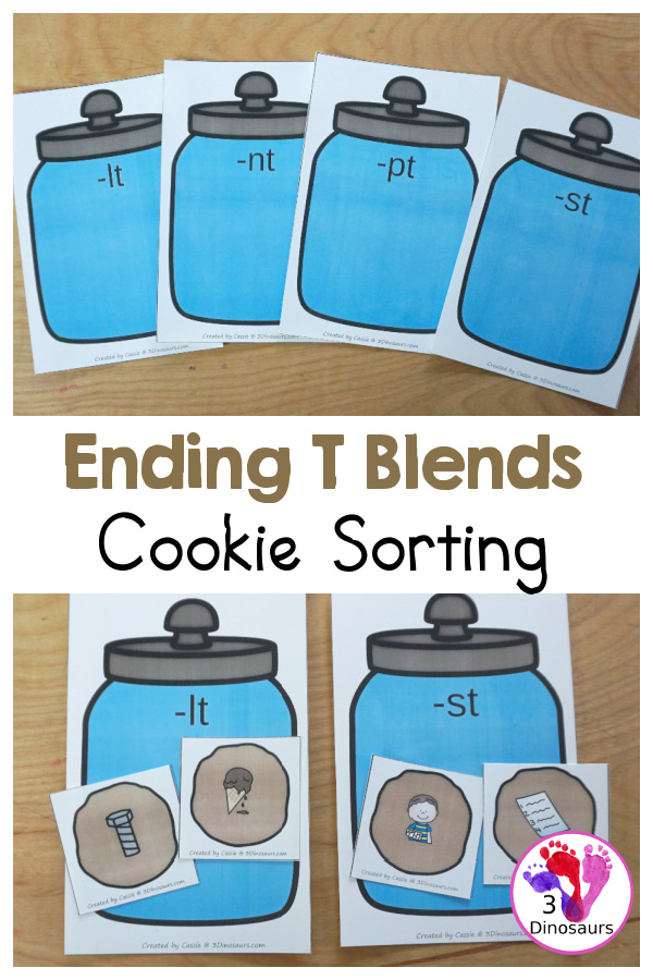 Free Cookie Ending T Blends Sorting with -nt, -ft, -pt and -st ending blends. You have cookie jar sorting mats with ending blend with four ending blend pictures on the cookies to sort - 3Dinosaurs.com