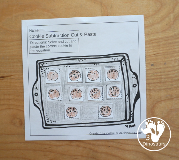 Free Cookie Subtraction Cut & Paste Worksheet - two fun worksheets that work on subtraction and matching cookies with chocolate chips for the answers. It is a fun change to subtraction worksheets for kids. - 3Dinosaurs.com