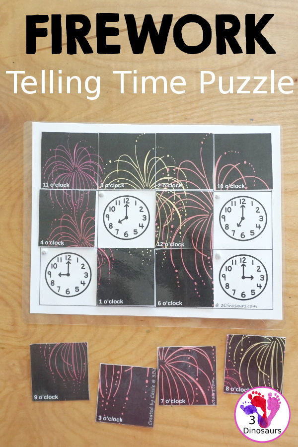 Free Fireworks Telling Time Puzzle - The telling time puzzle works on telling time with hourly time on an analog clock and written words for each hour a great hands-on telling time printable- 3Dinosaurs.com