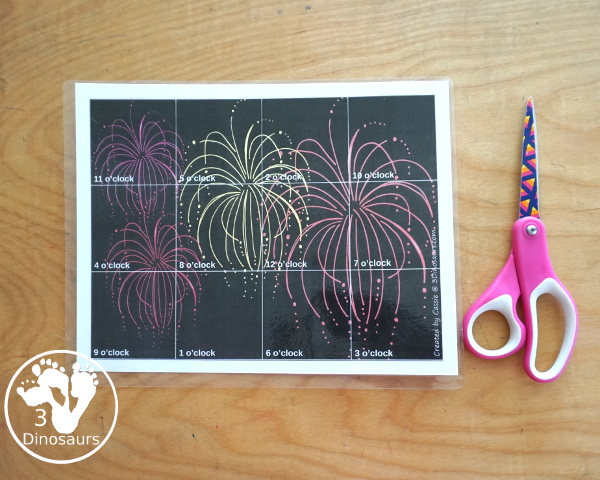 Free Fireworks Telling Time Puzzle - The telling time puzzle works on telling time with hourly time on an analog clock and written words for each hour a great hands-on telling time printable- 3Dinosaurs.com