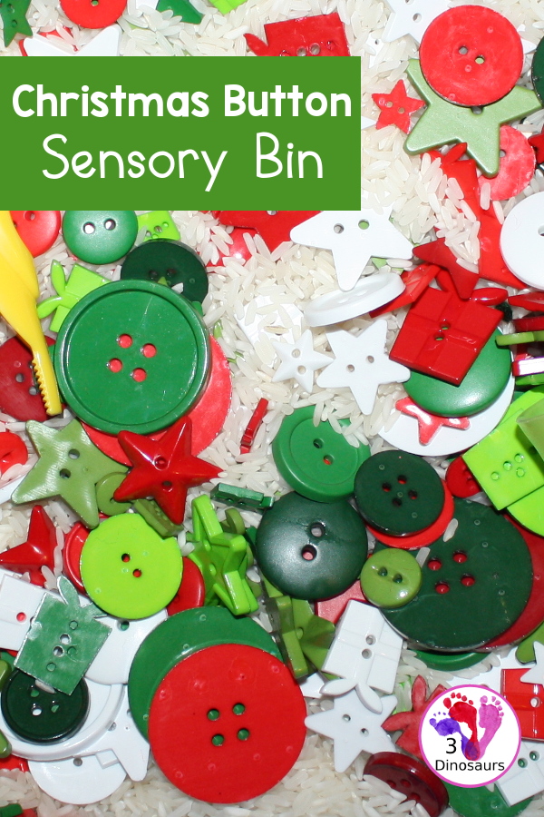 Christmas Button Sensory Bin is a simple and easy button sensory bin with a rice base that uses the colors red, green, and white. 3Dinosaurs.com