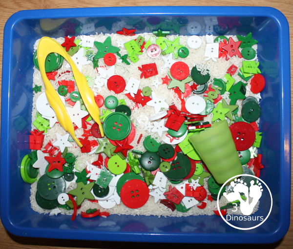 Christmas Button Sensory Bin is a simple and easy button sensory bin with a rice base that uses the colors red, green, and white. 3Dinosaurs.com