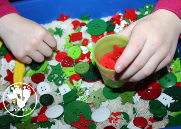 Christmas Button Sensory Bin is a simple and easy button sensory bin with a rice base that uses the colors red, green, and white. 3Dinosaurs.com