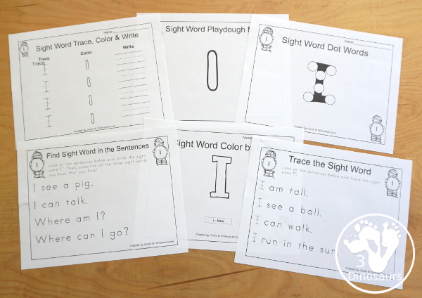 Free Romping & Roaring Preprimer Sight Words Packs Set 4: I - 6 pages of activities for each preprimer sight words: I. - 3Dinosaurs.com