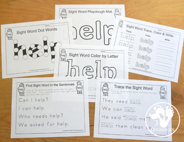 Free Romping & Roaring Preprimer Sight Words Packs Set 4: Help- 6 pages of activities for each preprimer sight words: help. - 3Dinosaurs.com