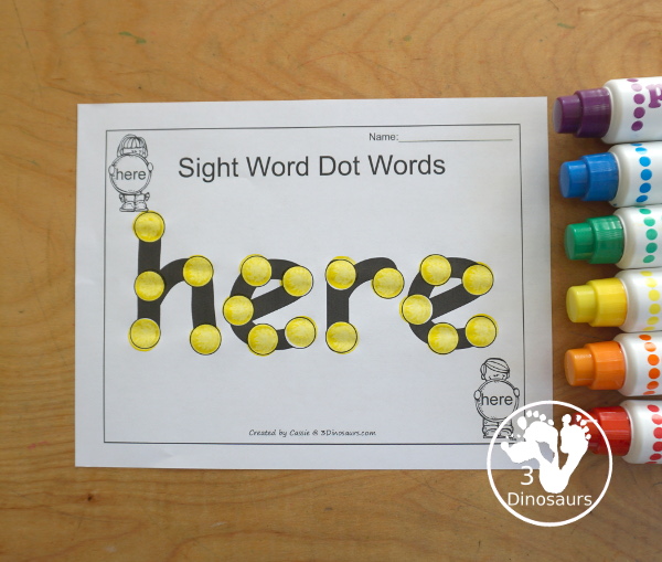 Free Romping & Roaring Preprimer Sight Words Packs Set 3: Help, Here, I, In- 6 pages of activities for each preprimer sight words: help, here, I, in. These are great for easy to use learning centers - 3Dinosaurs.com