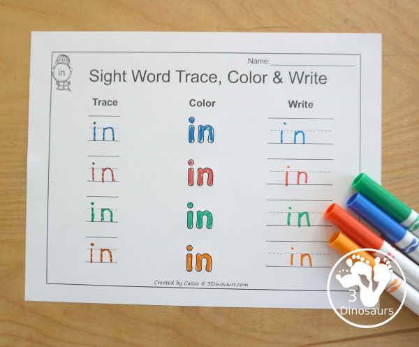 Free Romping & Roaring Preprimer Sight Words Packs Set 4: Help, Here, I, In- 6 pages of activities for each preprimer sight words: help, here, I, in. These are great for easy to use learning centers - 3Dinosaurs.com