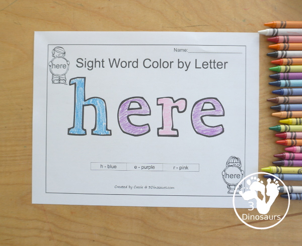 Free Romping & Roaring Preprimer Sight Words Packs Set 3: Help, Here, I, In- 6 pages of activities for each preprimer sight words: help, here, I, in. These are great for easy to use learning centers - 3Dinosaurs.com