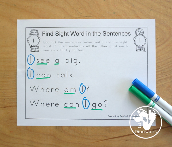 Free Romping & Roaring Preprimer Sight Words Packs Set 3: Help, Here, I, In- 6 pages of activities for each preprimer sight words: help, here, I, in. These are great for easy to use learning centers - 3Dinosaurs.com