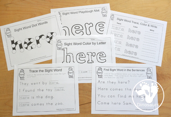 Free Romping & Roaring Preprimer Sight Words Packs Set 4: Here- 6 pages of activities for each preprimer sight words: here. - 3Dinosaurs.com