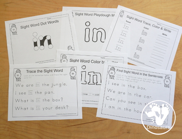 Free Romping & Roaring Preprimer Sight Words Packs Set 4: in- 6 pages of activities for each preprimer sight words: in. - 3Dinosaurs.com