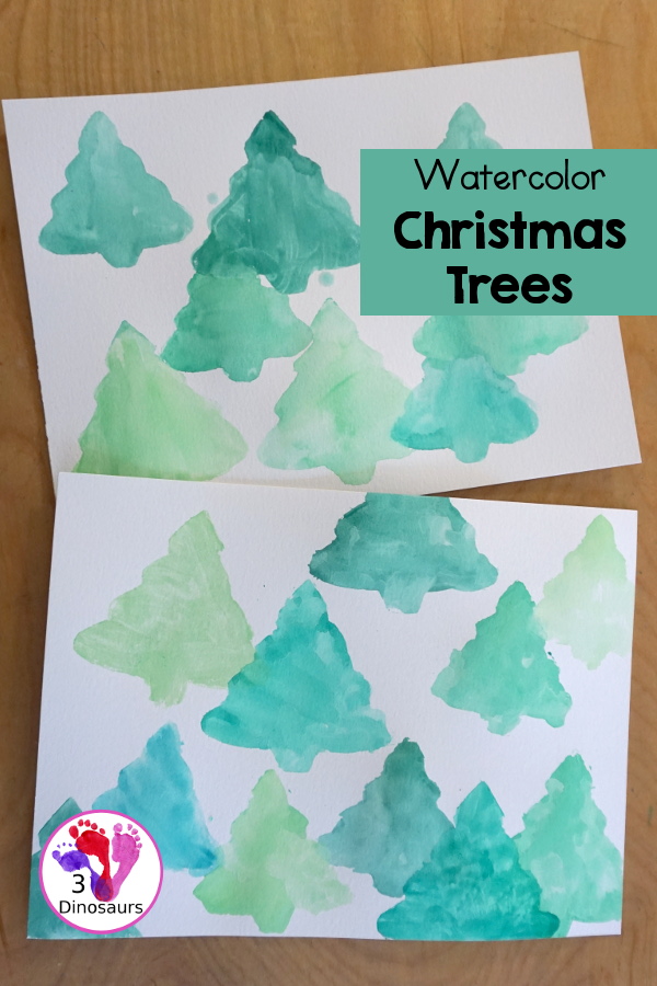 Watercolor Christmas Trees - a simple watercolor painting done with evergreen Christmas trees and watercolors - 3Dinosaurs.com