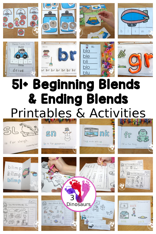 Blend Printables & Activities with consonant blends for beginning and ending blends for kids to learn with. There is a mix of cards, bookmarks, hands-on mats, no-prep printables and more - 3Dinosaurs.com