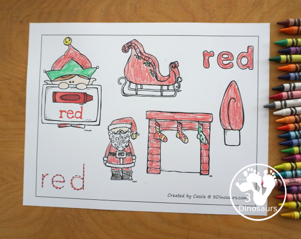 Free Christmas Color Coloring Pages - 11 color pages with color words to trace and Christmas pictures to color. Easy to use for Christmas and great for kids in prek and kindergarten - 3Dinosaurs.com