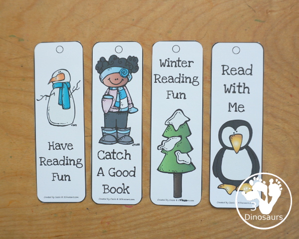 FREE Winter Themed Bookmarks - You have 12 bookmarks to use with kids. Each bookmark has a fun reading phrase on the bookmark. There are snow angels, kids, snowbirds, snowman, snowflakes, winter tree, seal, and skates on the winter bookmarks - 3Dinosaurs.com