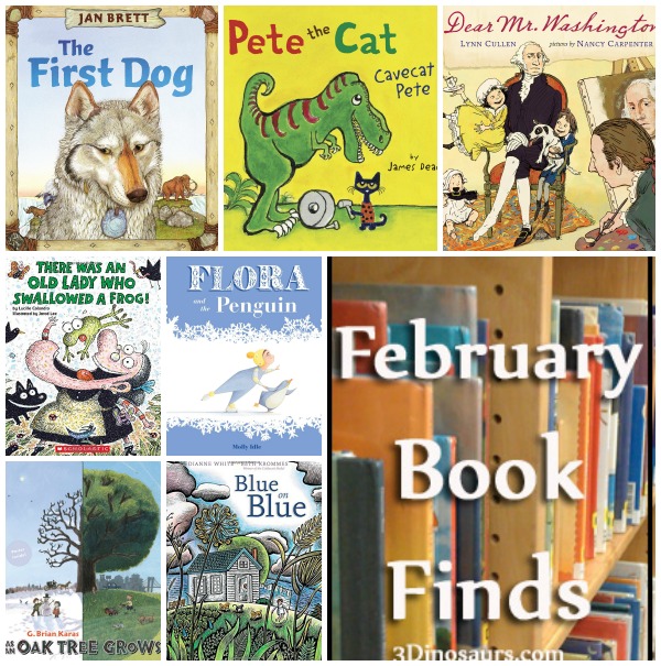 February 2015 Book Finds: George Washington, Pete the Cat, rain storm, There was an old lady, wordless, animal - 3Dinosaurs.com