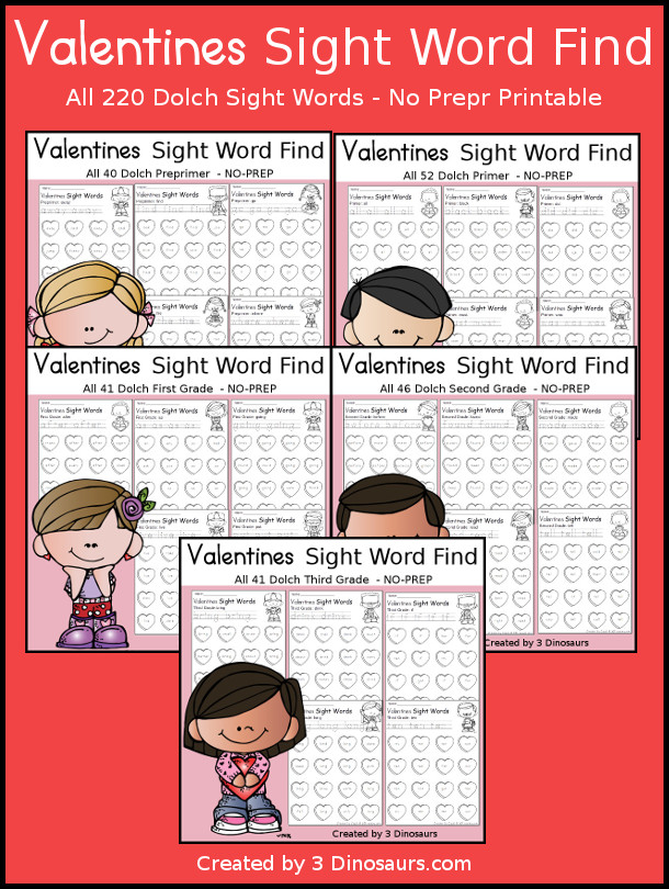 Valentines Sight Word Finds: Dolch Preprimer, Primer, First Grade, Second Grade, and Third Grade  - Each no-prep sight word page has tracing the sight word and then finding the sight word  with 220 pages of no-prep printables- 3Dinosaurs.com