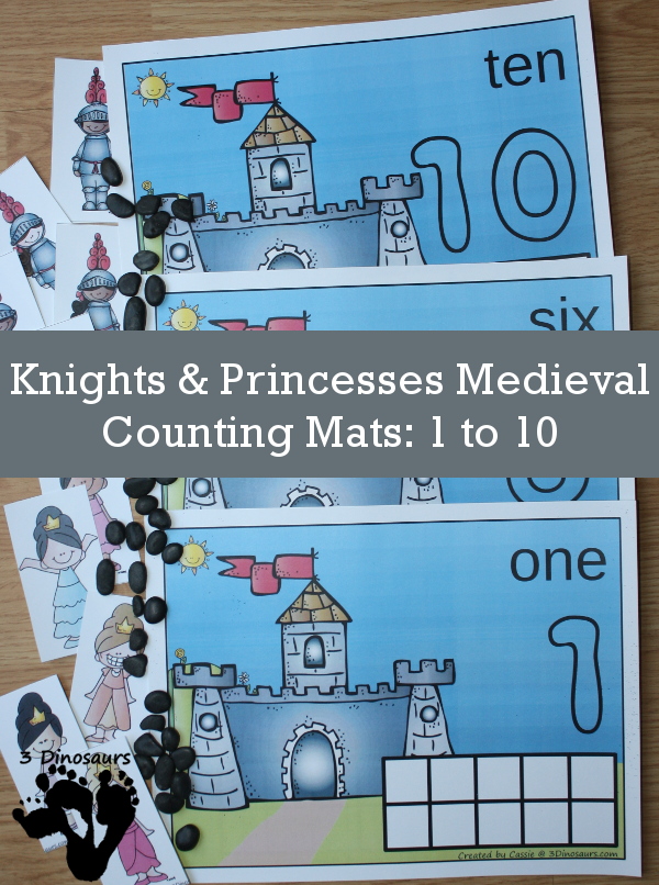 FREE Hands-On Knights & Princesses Medieval Counting Mat with numbers 1 to 10 with ten frames and counting items - 3Dinosaurs.com