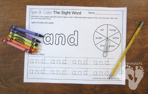 Easy No-Prep Printable: Sight Word Spin & Color - all 220 Dolch Sight Words in an easy to use no-prep printable - 3Dinosaurs.com