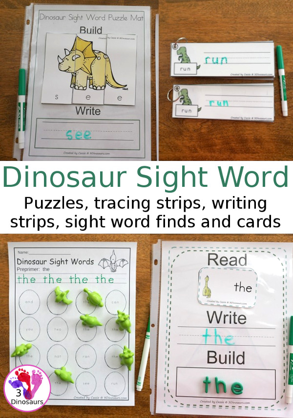 Dinosaur Themed Sight Word Activities - Puzzles, cards, tracing strips, writing strips and find - using the dolch sight word lists - 3Dinosaurs.com