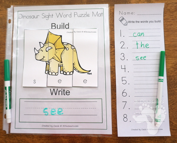 Dinosaur Themed Sight Word Activities - Puzzles, cards, tracing strips, writing strips and find - using the dolch sight word lists - 3Dinosaurs.com