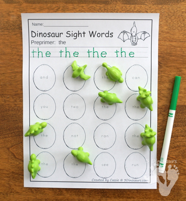 Dinosaur Themed Sight Word Activities - Puzzles, cards, tracing strips, writing strips and find - using the dolch sight word lists - 3Dinosaurs.com