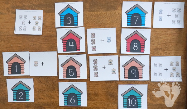 Free Dog House Themed Addition Matching - Work on addition 1 to 10 with these matching activities with recording sheet - 3Dinosaurs.com