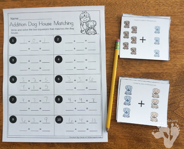 Free Dog House Themed Addition Matching - Work on addition 1 to 10 with these matching activities with recording sheet - 3Dinosaurs.com