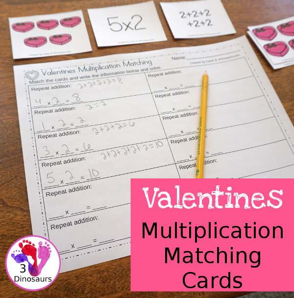 Free Valentines Multiplication by 2 Matching Cards - multplication by groups of 2 with recording sheet for kids to match and record - 3Dinosaurs.com