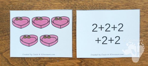 Free Valentines Multiplication by 2 Matching Cards - multplication by groups of 2 with recording sheet for kids to match and record - 3Dinosaurs.com