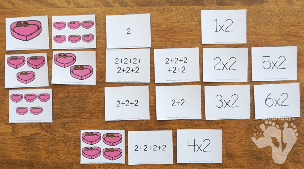 Free Valentines Multiplication by 2 Matching Cards - multiplication by groups of 2 with recording sheet for kids to match and record - 3Dinosaurs.com