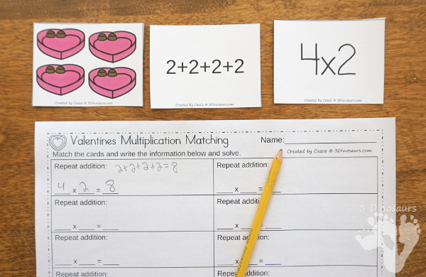 Free Valentines Multiplication by 2 Matching Cards - multplication by groups of 2 with recording sheet for kids to match and record - 3Dinosaurs.com