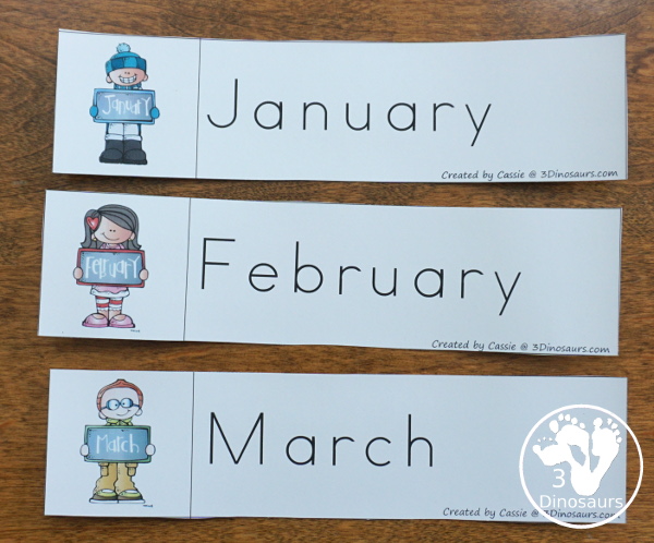 Free Calendar Learning Set Pages - Tracing pages for months, days of the week with tracing strips, writing strips, and pocket chart cards. Plus three daily calendar pages - 3Dinosaurs.com #abc #abcletters #freeprintable