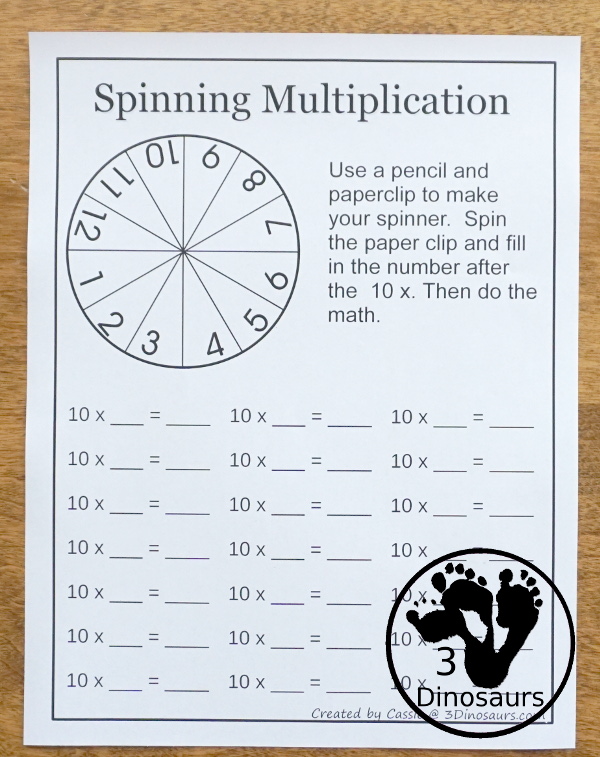 Free Spinning Multiplication Printable - an easy way to work on multiplication for numbers 1 to 12 in a no-prep worksheet - 3Dinosaurs.com