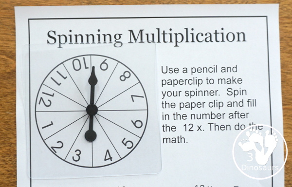 Free Spinning Multiplication Printable - an easy way to work on multiplication for numbers 1 to 12 in a no-prep worksheet - 3Dinosaurs.com