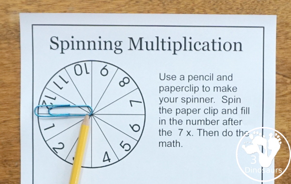 Free Spinning Multiplication Printable - an easy way to work on multiplication for numbers 1 to 12 in a no-prep worksheet - 3Dinosaurs.com