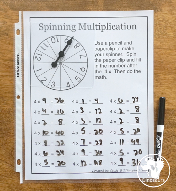 Free Spinning Multiplication Printable - an easy way to work on multiplication for numbers 1 to 12 in a no-prep worksheet - 3Dinosaurs.com