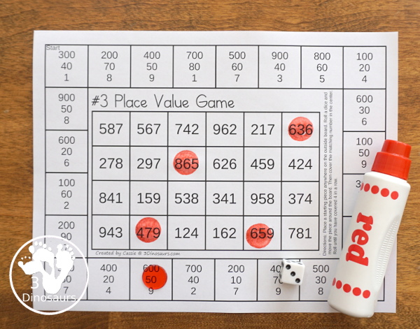 Free Place Value Games - a fun game style to work on place value for tens and ones or hundreds, tens, and ones  with two board options and recording sheets - 3Dinosaurs.com  #3dinosaurs #secondgrade #firstgrade #placevalue #handsonmath #freeprintable