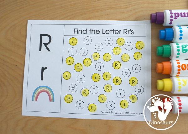 Free Romping & Roaring R Pack - R is for Rainbow theme with prewriting, writing, puzzles, dot marker letters, letter finds and more - 3Dinosaurs.com