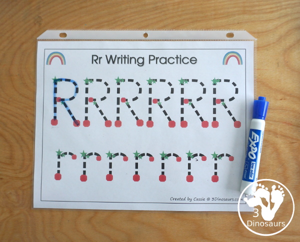 Free Romping & Roaring R Pack - R is for Rainbow theme with prewriting, writing, puzzles, dot marker letters, letter finds and more - 3Dinosaurs.com